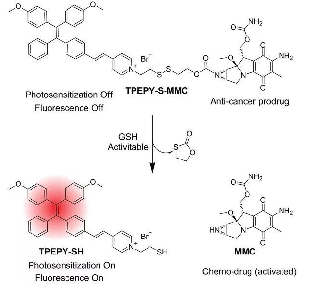 TPEPY-S-MMC的化學(xué)結(jié)構(gòu)，以及藥物和光動(dòng)力學(xué)機(jī)理